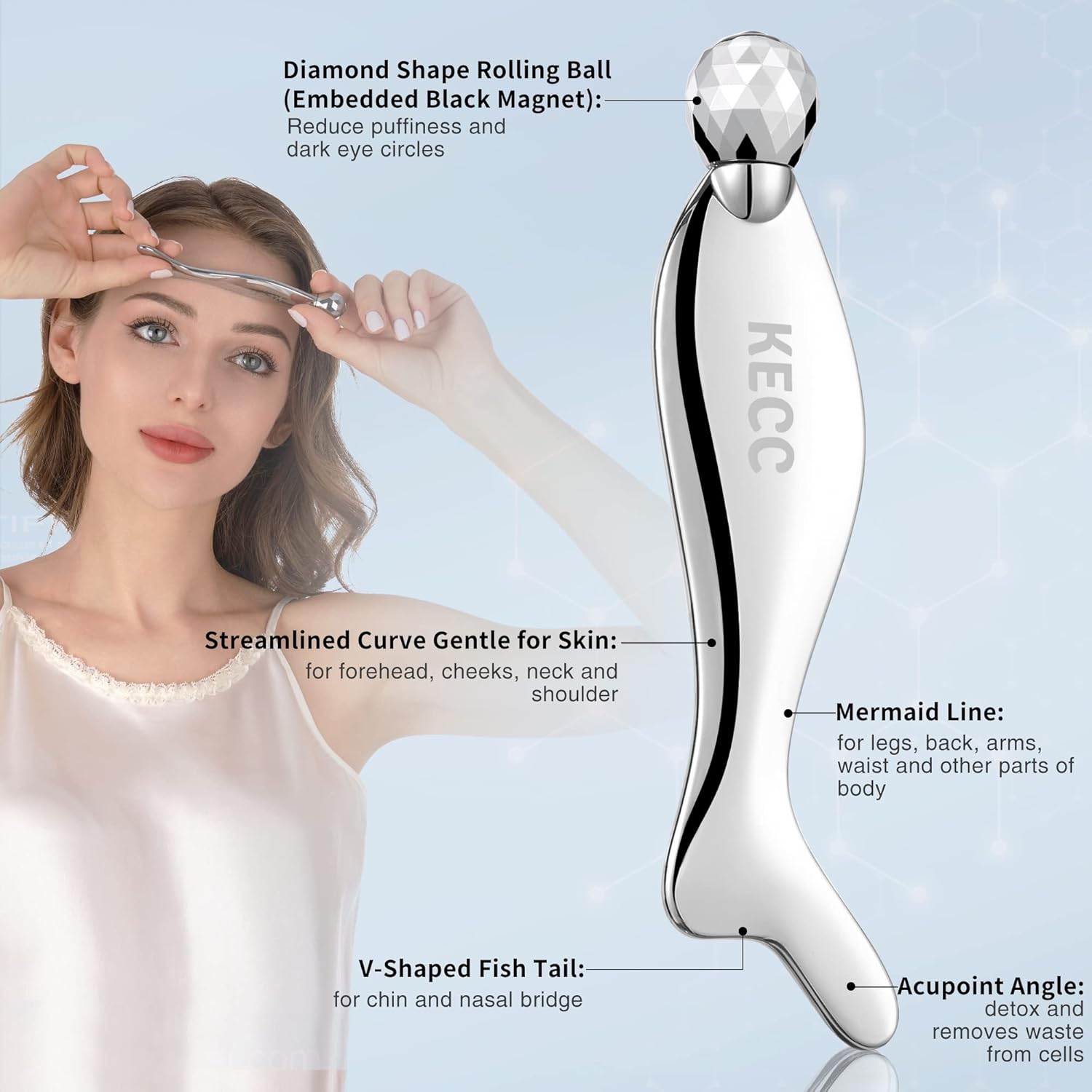 KECC Gua Sha Facial Massager (Fishtail),Stainless Steel Cold Roller Sticks for Face Eyes,Crescent Line Chin Lift Tightening Skin Tool, 4 Edges Drainage Sculpting Beauty Tool