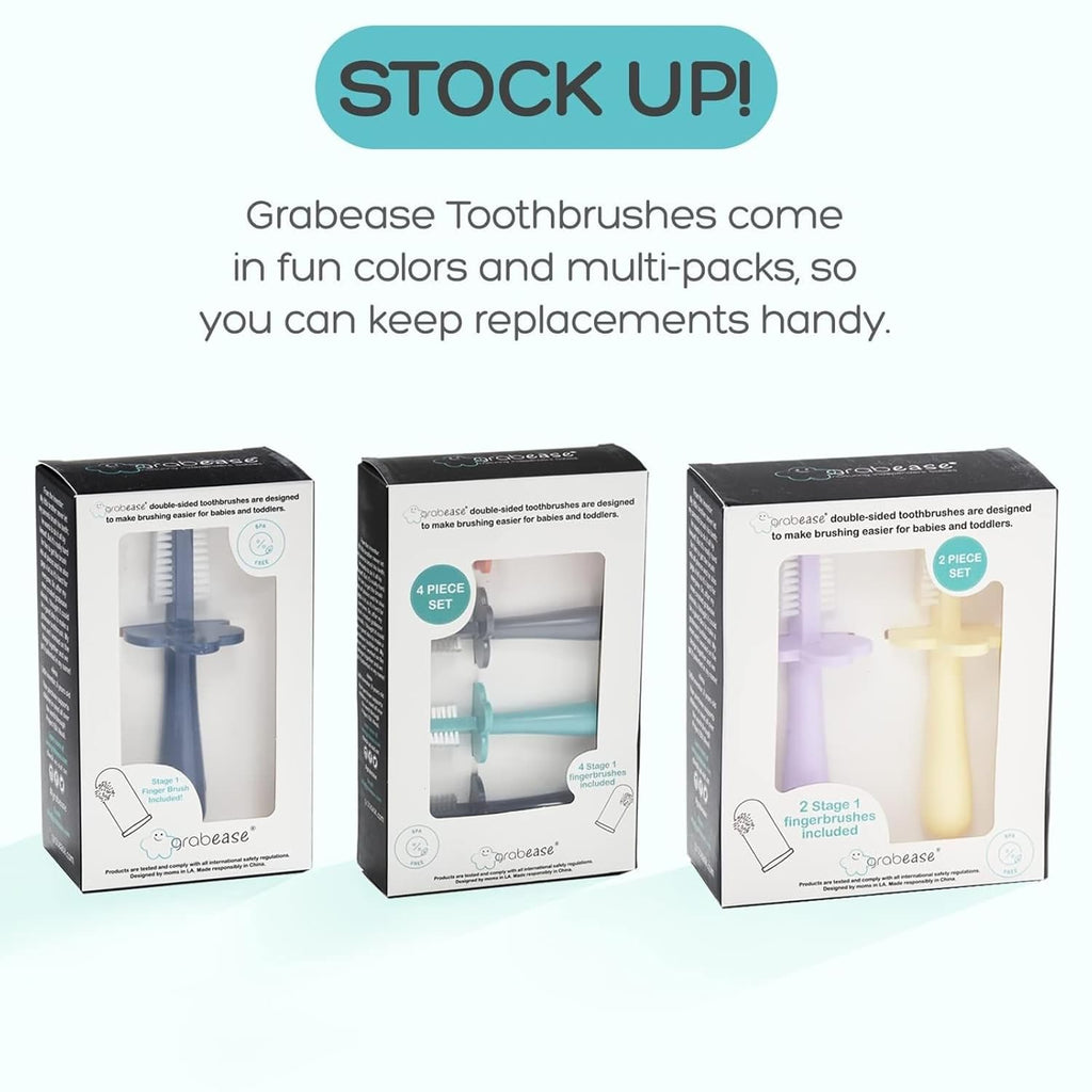 grabease Baby Toothbrush Double-Sided - Training Set with Silicone Finger Brush & Toddler Toothbrush - Safety Tray & Soft Bristles - Pack of 2, Lavender/Yellow