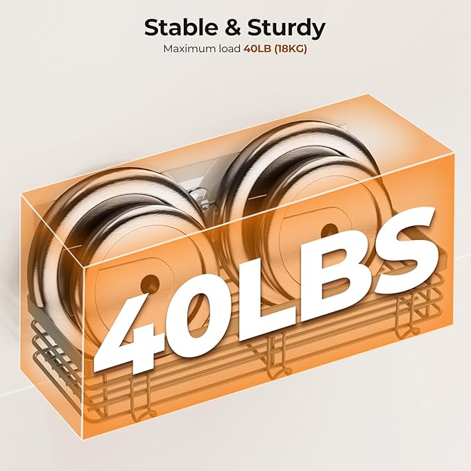 Orimade Shower Caddy with 5 Hooks for Hanging Razor and Sponge Adhesive Shower Shelf Basket Bathroom Storage Organizer Kitchen Rack No Drilling Stainless Steel Rustproof - 2 Pack, Light Blue Grey