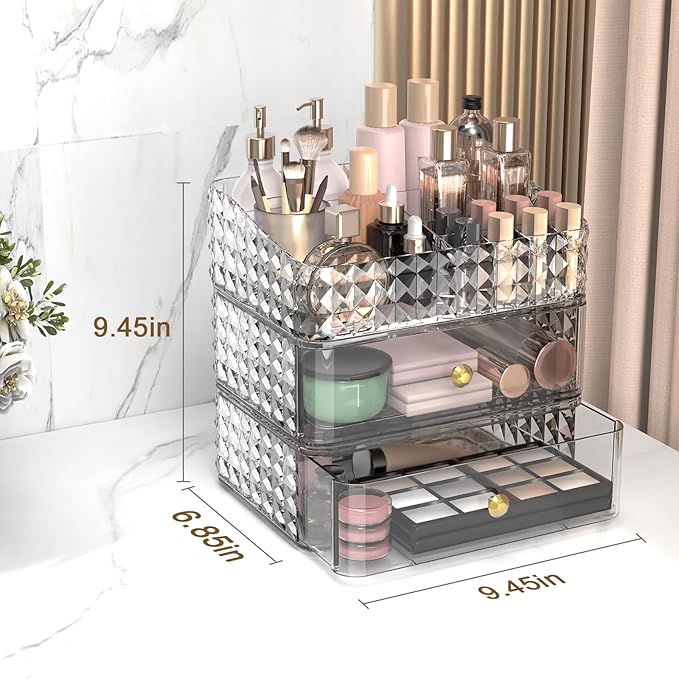 Makeup Organizer for Vanity, Stackable Cosmetics Organizer and Storage, Cosmetic Display Cases with 2 Drawers and 1 Tray for Makeup Brush, Hair Accessories, Lipstick and Jewelry, Clear
