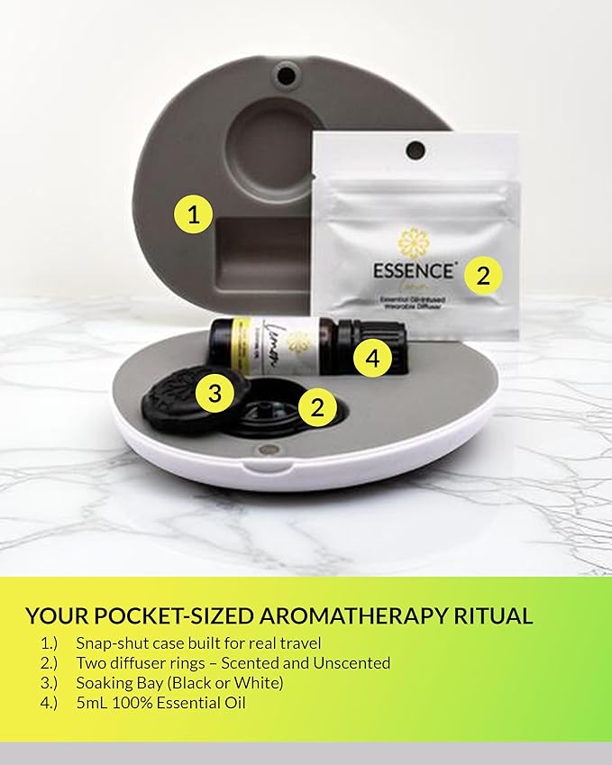 Essence Pearl Travel Case - Wearable Aromatherapy Kit with Nasal Diffuser Rings, Soaking Bay, and 5mL Essential Oil – Portable Wellness Gift Set for On-The-Go Self Care