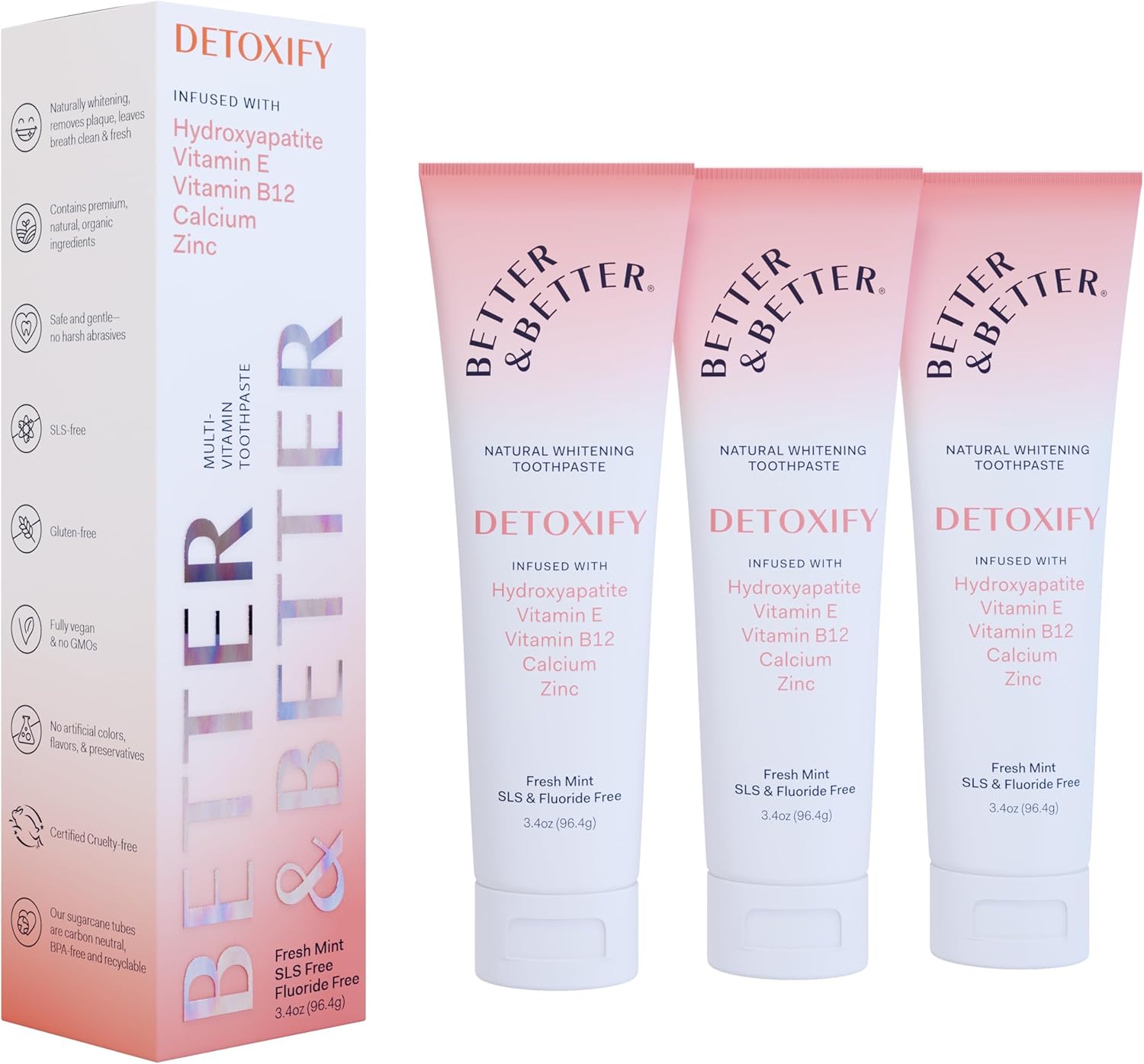 Better & Better Detoxify Hydroxyapatite Toothpaste | Whitening Toothpaste Infused w/Vitamins E & B12, Calcium & Zinc | Fluoride & SLS Free for Sensitive Brushers | Fresh Mint Flavor | 3.4oz, 3 Pack
