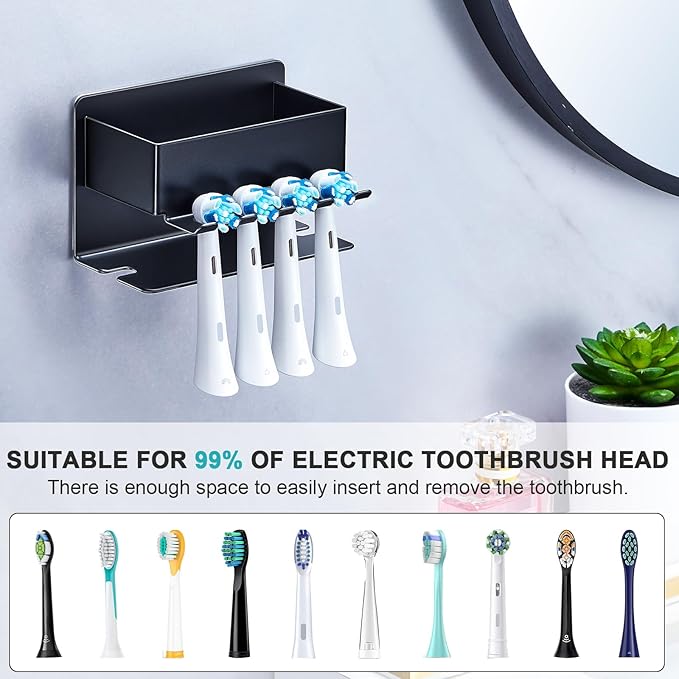 Toothbrush Head Holders, Electric Tooth Brush Head Holder, Adhesive Toothpaste Holder for Shower Bathrooms, Wall Mounted Tooth Brushing Holder Organizer Storage (Black, Small)