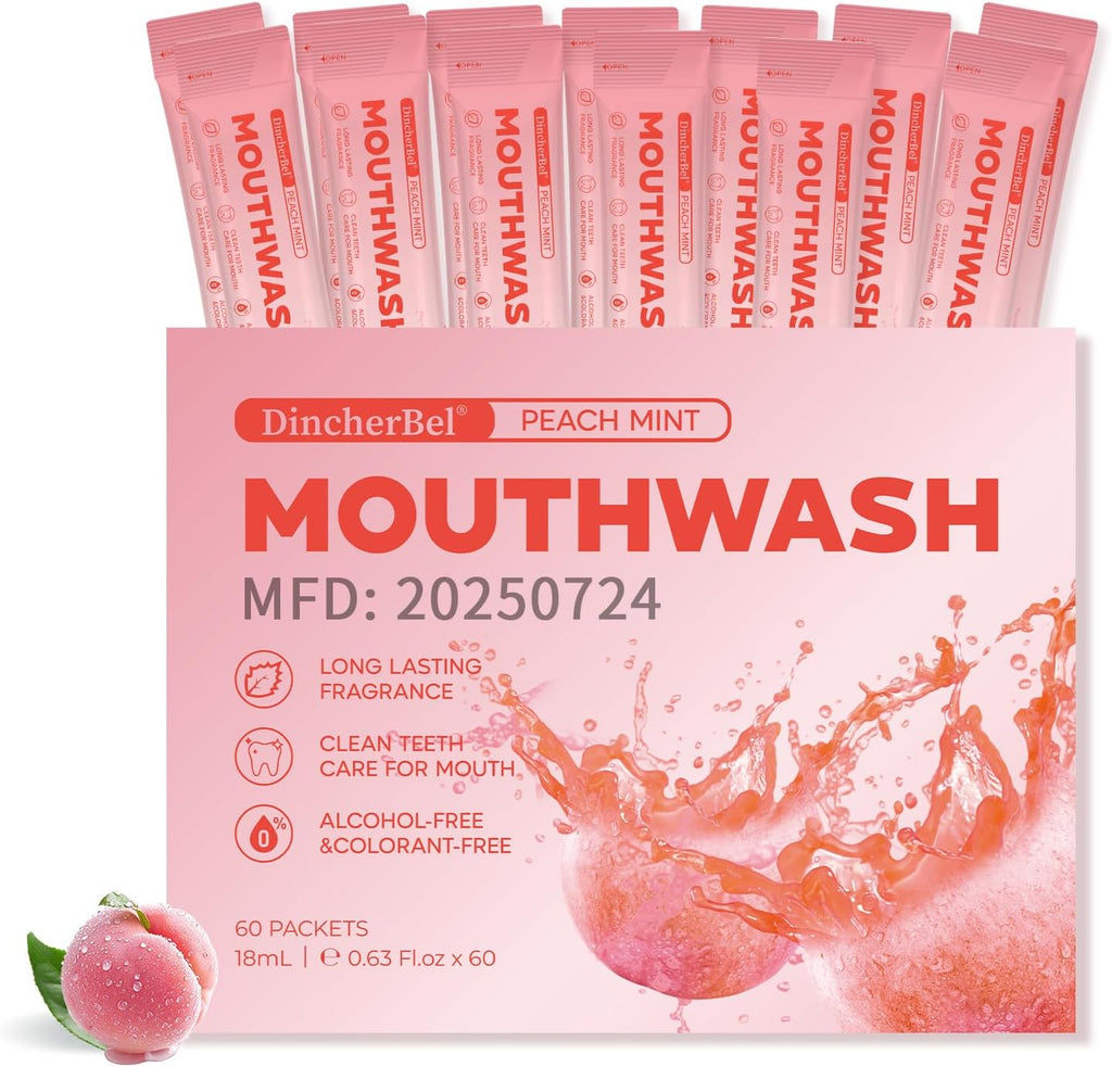 Travel-Size Alcohol & Fluoride Free Peach Mint Mouthwash Packets, 60 Individually Wrapped Portable Packs for Adults, Fresh Breath Peach Mint Flavored Mouthwash for Oral Hygiene, 0.63 Fl Oz Each