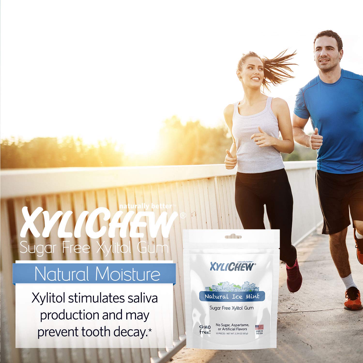 Xylichew 100% Xylitol Chewing Gum - Non GMO, Non Aspartame, Gluten Free, and Sugar Free Gum - Natural Oral Care, Relieves Bad Breath and Dry Mouth - Ice Mint, 50 Count