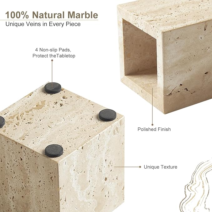 Real Natural Travertine Marble Toothbrush Holder & Pen Holder & Makeup Brush Holder & Utensil Holder, Genuine Stone Rectangular Bathroom Tumbler Cup, Durable Office & Home Countertop Organizer