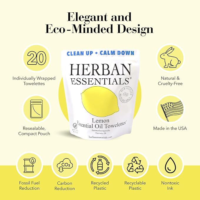 Herban Essentials - Lemon Wipes & Towelettes - Essential Oil Wipes for Make Up, Hands, Face & Body - Travel Size Essentials & Toiletries - Natural, Individually Wrapped, Disposable & Moist (20 count)