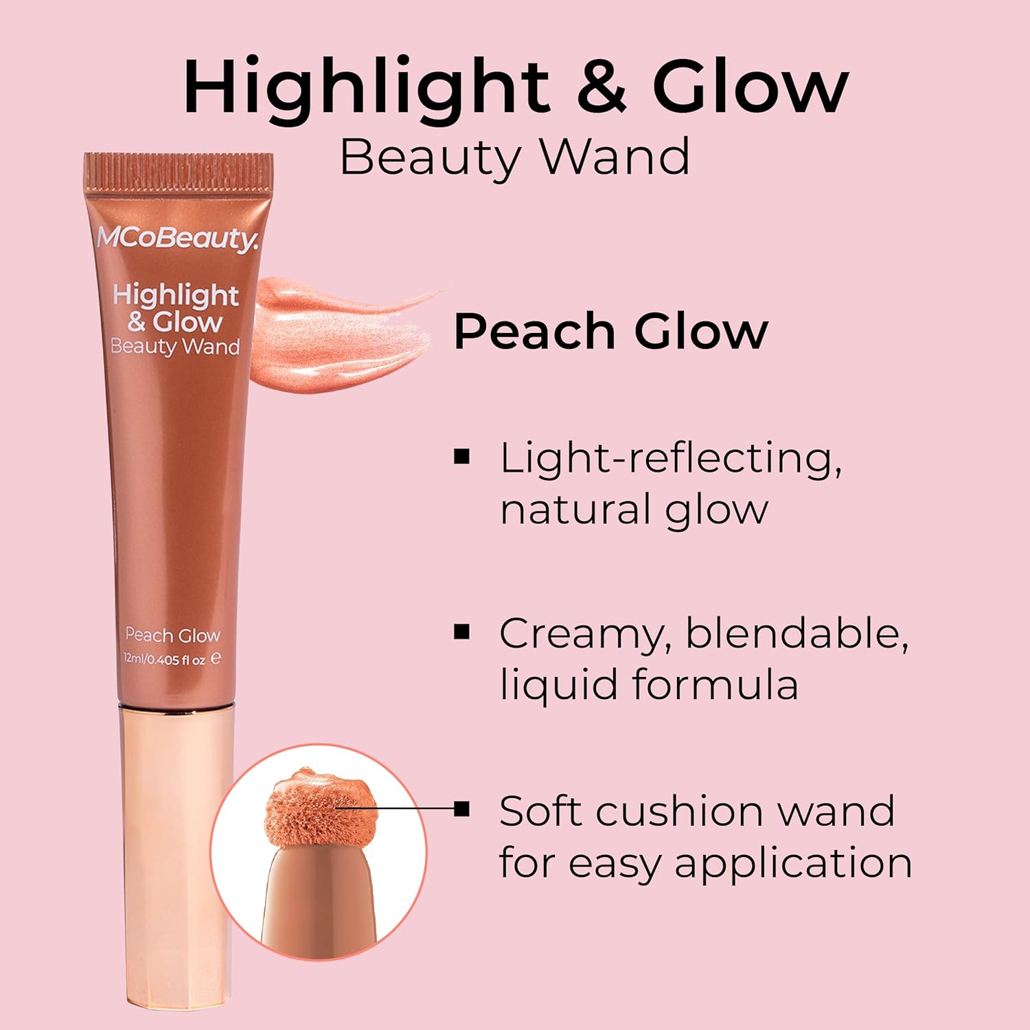 MCoBeauty - Highlight and Glow Beauty Wand - Buildable Liquid Highlighter - Peach Coral Shade - Liquid Cream with Cushion Applicator for Soft, Radiant Finish - Highlighters Makeup