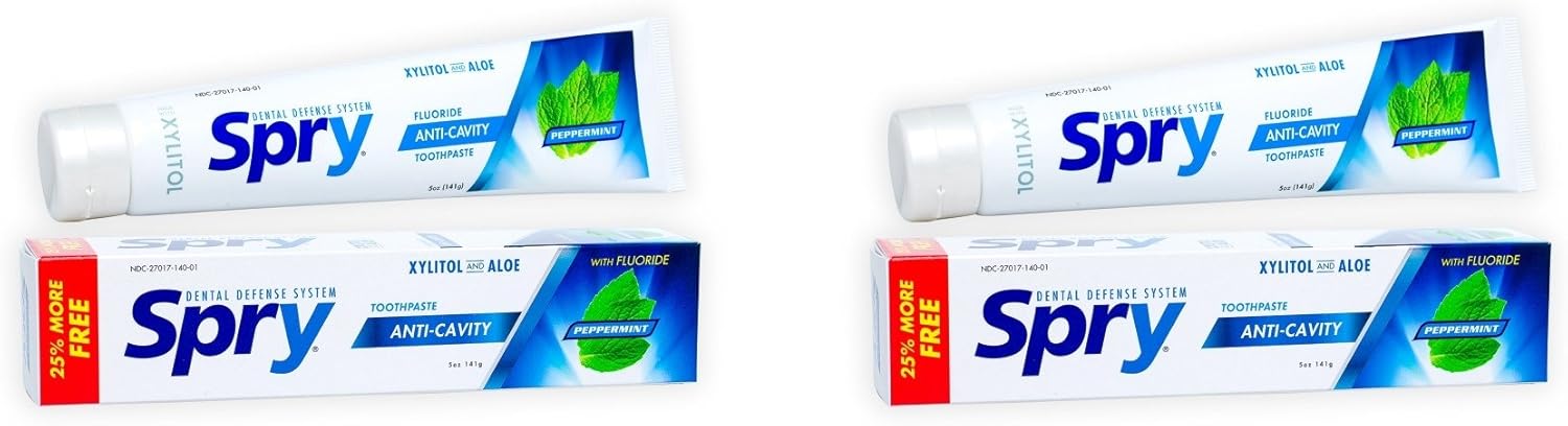 Spry Natural Xylitol Toothpaste 5oz for Adults and Kids with Fluoride, Gentle for Sensitive Teeth Whitening and Remineralizing, Breath Freshening, Mouth Moisturizing, Peppermint (Pack of 2)