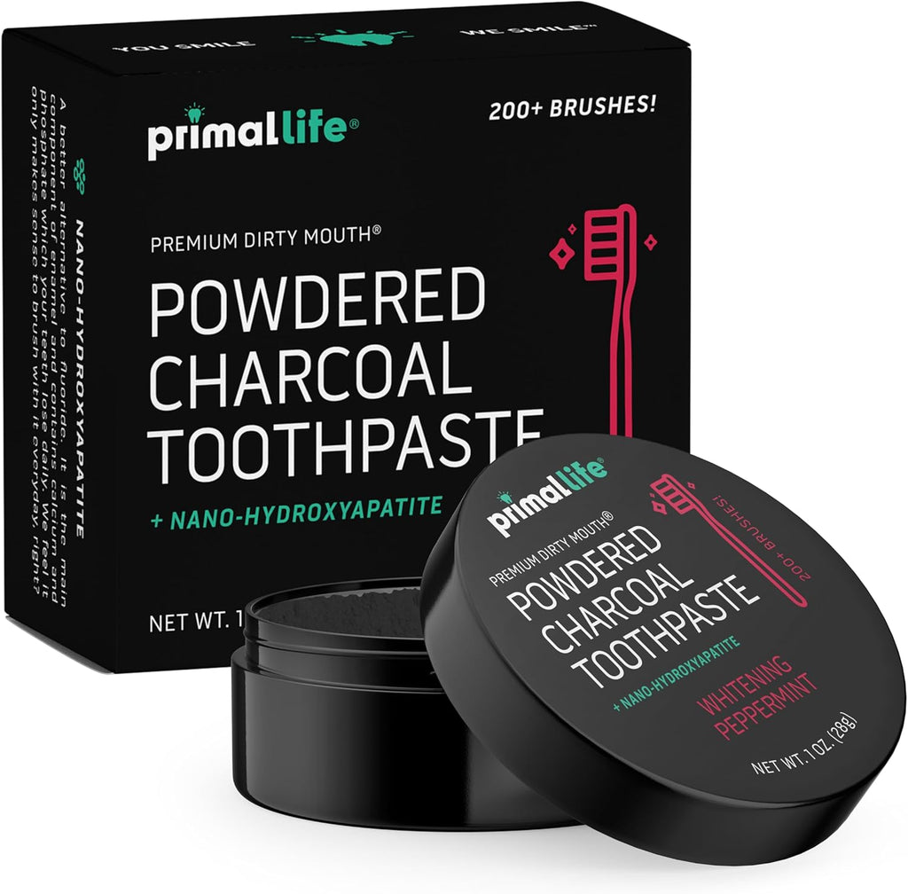 Primal Life Organics - Dirty Mouth Toothpowder, Activated Charcoal Tooth Cleaning Powder, Essential Oils with Kaolin & Bentonite Clay, Good for 200+ Brushings, Organic, Vegan (Black Peppermint, 1 oz)