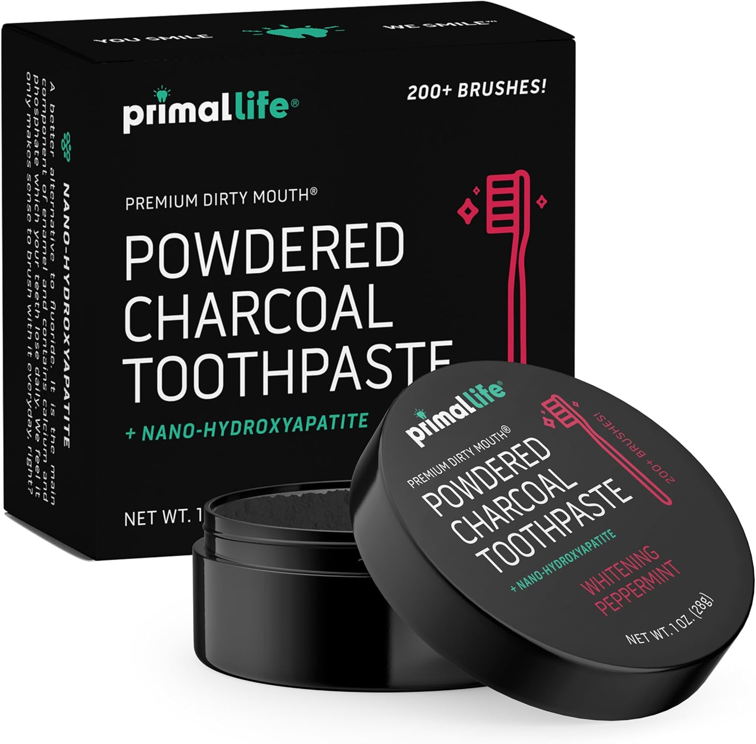 Primal Life Organics - Dirty Mouth Toothpowder, Activated Charcoal Tooth Cleaning Powder, Essential Oils with Kaolin & Bentonite Clay, Good for 200+ Brushings, Organic, Vegan (Black Peppermint, 1 oz)