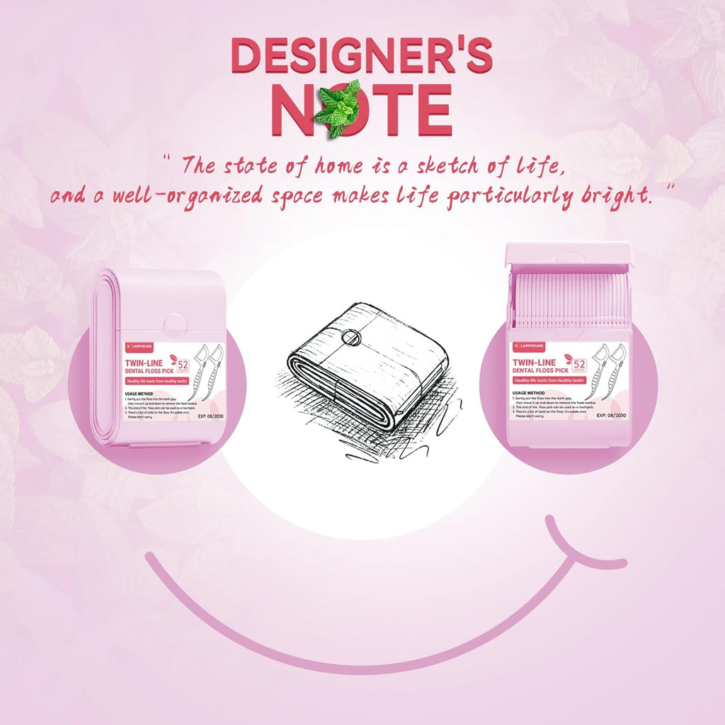 Travel Dental Floss Picks, 3 Cases with 156 Count Mint Flavor Twin-Line Dental Flosser, Portable Floss Case, Portable Floss Dispenser, Travel Floss Sticks for Adults (Pink)