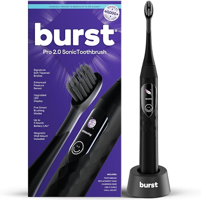 Burst Pro 2.0 Sonic Toothbrush for Adults (Black) | Electric Toothbrush with Smart Pressure Sensor | Soft Bristles | 5 Modes/Refined Scoring System | USB-C Charging | Magnetic Wall Mount