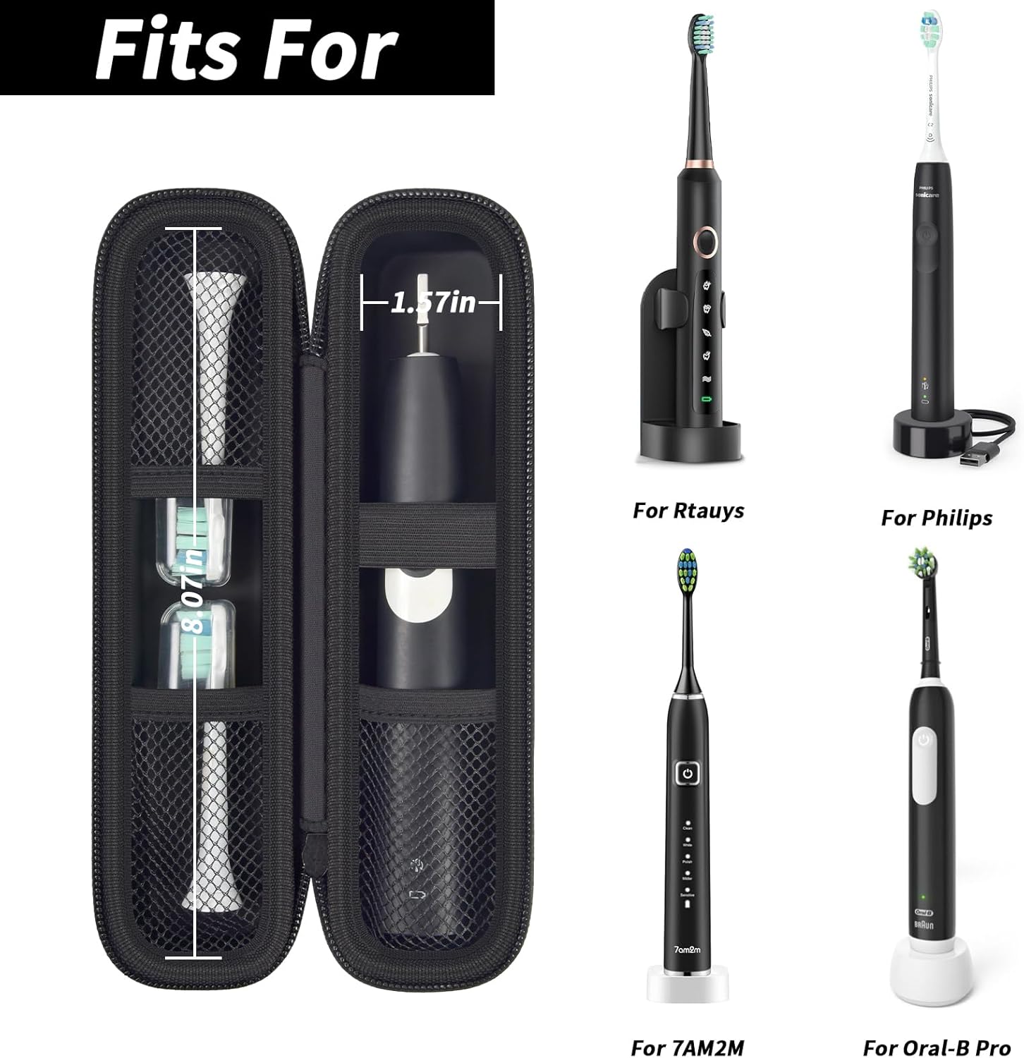 Toothbrush Travel Hard Case Compatible with Oral-B Pro 1000, 2000, 3000, 3500, 1500/ for Philips Sonicare ProtectiveClean 4100 5100 Electric Toothbrush with Mesh Pocket&Carabiner - Black (Bag Only)