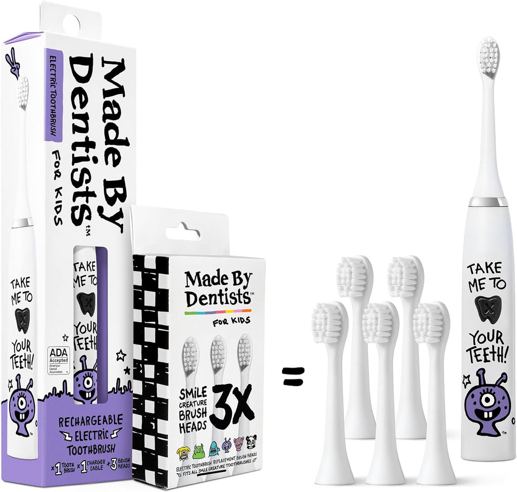 Made by Dentists Kids Electric Toothbrush - Rechargeable Vibrating Toothbrush with Timer, Includes 6 Replacement Heads, Halloween Gifts for Kids, Girls and Boys, Kid & Toddlers Age 2+, Alien