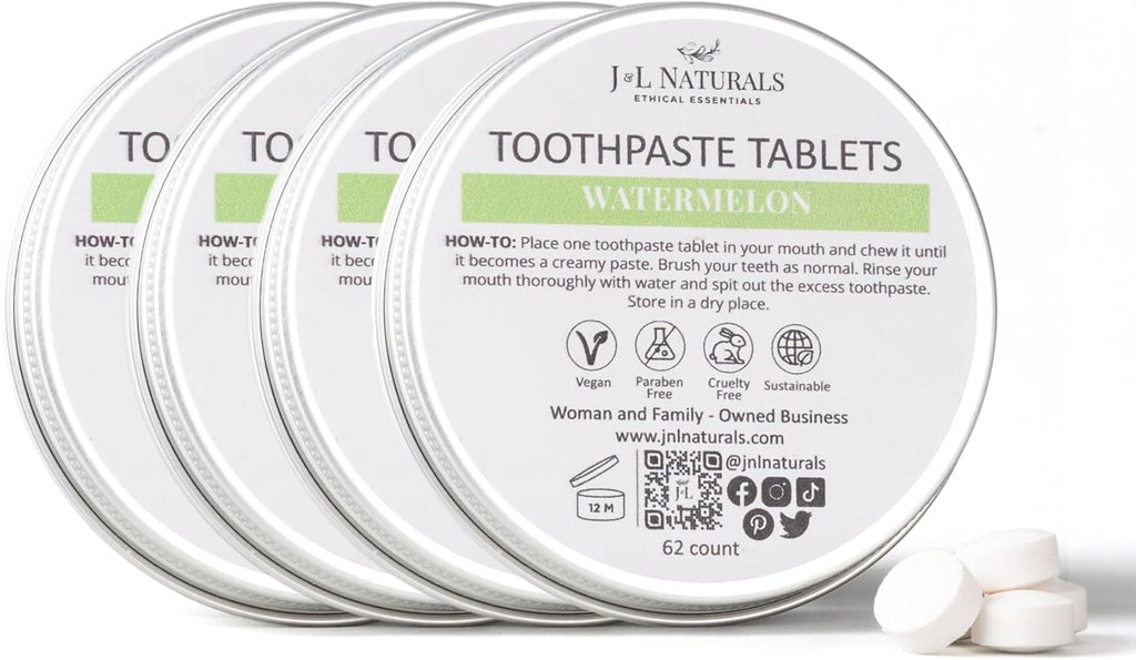 J&L Naturals Toothpaste Tablets | 62-Pack Travel-Friendly Toothpaste | Fluoride + Plastic Free, Vegan, Cruelty Free, Sustainable | Woman-Owned Small Business (Watermelon, 62 Count (Pack of 4))