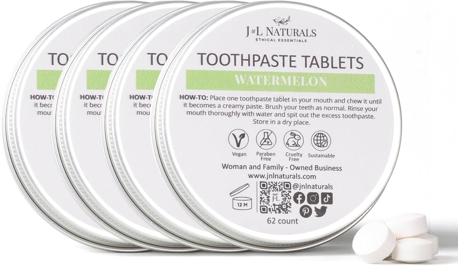 J&L Naturals Toothpaste Tablets | 62-Pack Travel-Friendly Toothpaste | Fluoride + Plastic Free, Vegan, Cruelty Free, Sustainable | Woman-Owned Small Business (Watermelon, 62 Count (Pack of 4))