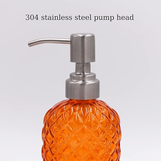 16 oz Diamond Pattern Glass Soap Dispenser, Kitchen and Bathroom Refillable Soap Dispenser with Rust Resistant Stainless Steel Pump for Hand Soap, Lotion Glass Liquid Dispenser (Orange-2pack)