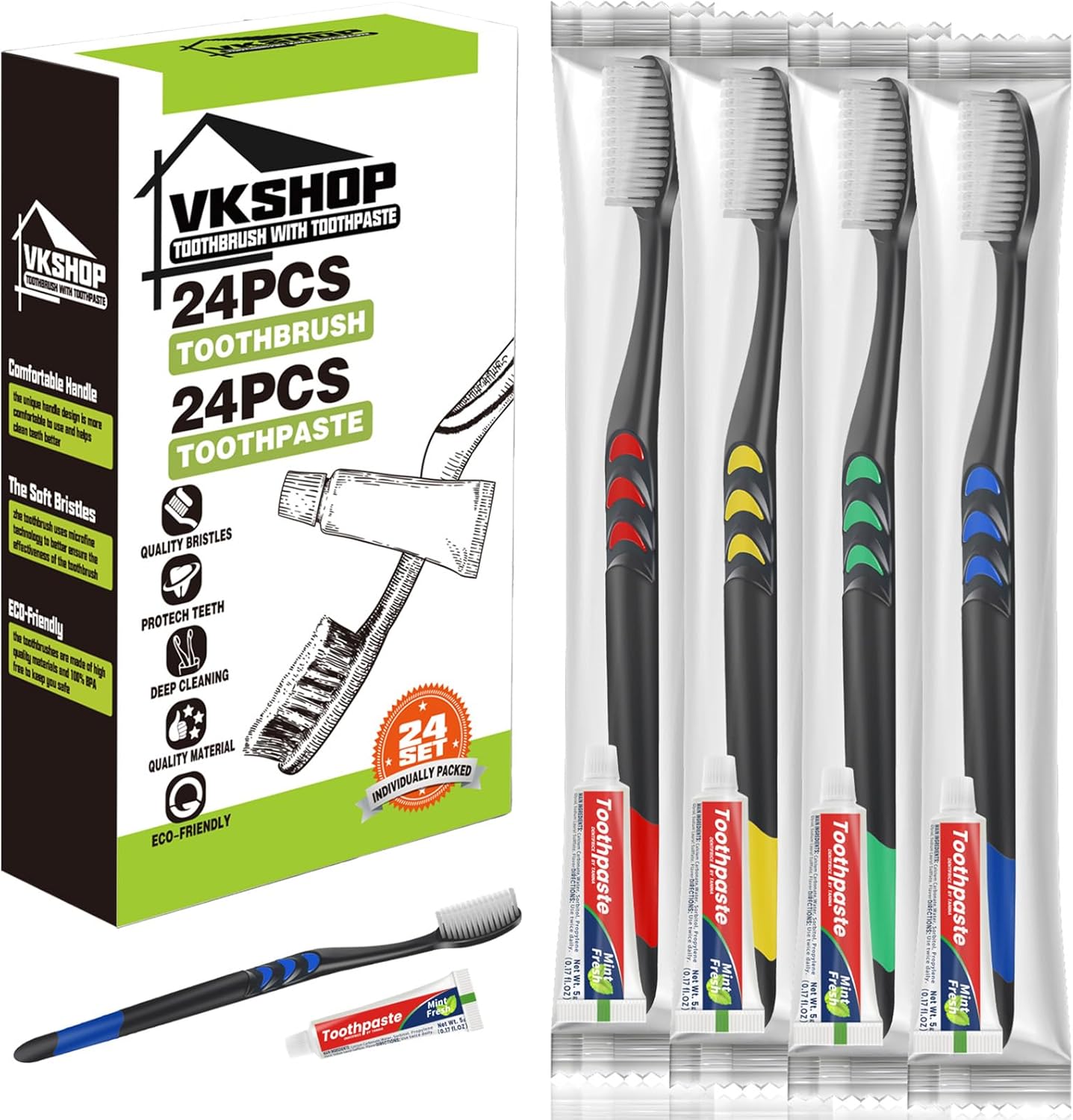 24 PS Individual Wrapped Travel Toothbrush Set with Toothpaste, Bulk Disposable Toothbrushes Kit，Soft Toothbrushes for Adults for Travel, Hotel, Business Trips，Daily Backup（Black,Toothpaste 5g）