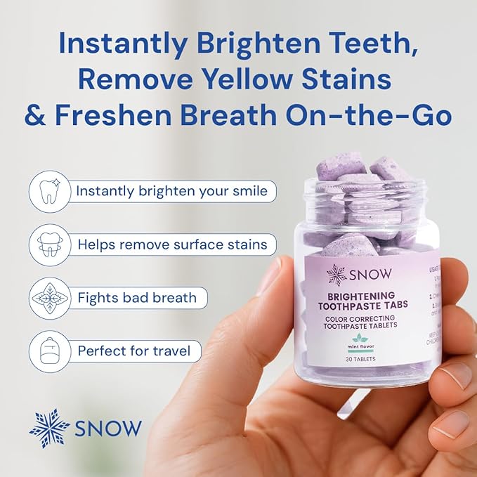 SNOW Purple Whitening Toothpaste Tablets - 30 Count, Purple Toothpaste for Whitening, Color Correcting Tablets for Oral Care, Instantly Brightens Teeth, Removes Yellow Stains & Freshens Breath