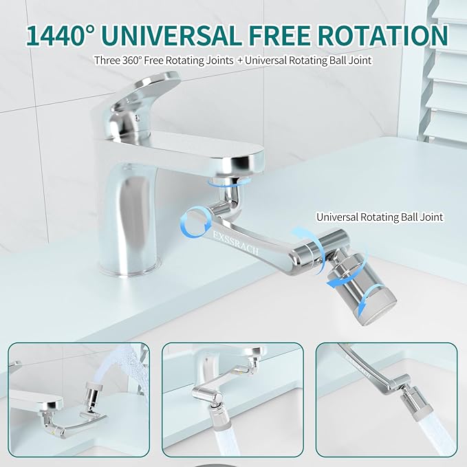 1440° Rotating Faucet Extender, Brass Multifunctional 1080°+ 360° Swivel Extension Robotic Arm Sink Aerator for Kitchen/Bathroom, 2 Water Outlet Modes, Silver