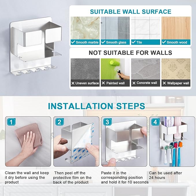 Toothbrush Holder, Electric Toothbrush Head Holder, Stainless Steel Brushed Toothpaste & Razor Organizer, Adhesive Mounted for Shower Bathrooms