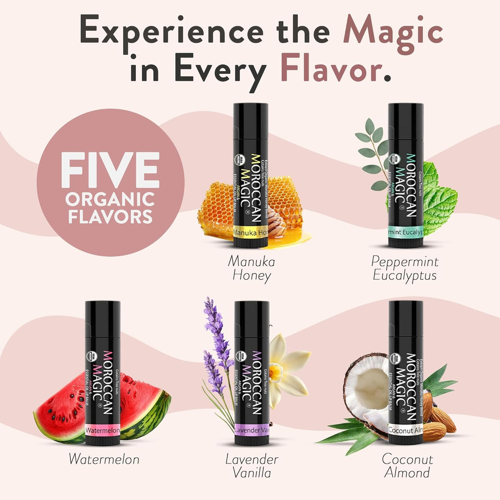 Moroccan Magic Organic Lip Balm 5 Piece Variety Pack Gift Set | Ultra-Hydrating Argan & Essential Oil Lip Moisturizer + Vitamin E | Smooth | Natural | Non-Toxic | Cruelty Free | 5 Pack