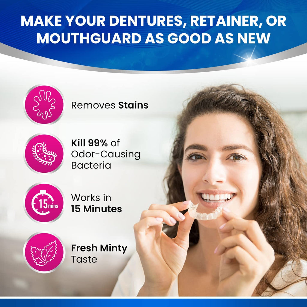 120 units Retainer Cleaner and Denture Cleaning Tablets - Mouthguard cleaner and Denture cleaner tablets Remove Plaque, Odors and Stains from Aligners, Night guard and Removable Dental Appliances