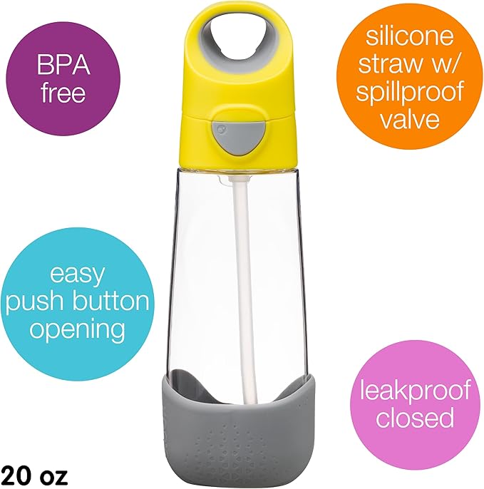 b.box 20oz Tritan Kids Water Bottle –Toddler Drink Bottle with Straw for School, Daycare, Travel w/Easy-Grip Triangular Design, Leak Proof Lid & Handle, BPA Free, Dishwasher Safe (Lemon Sherbet)