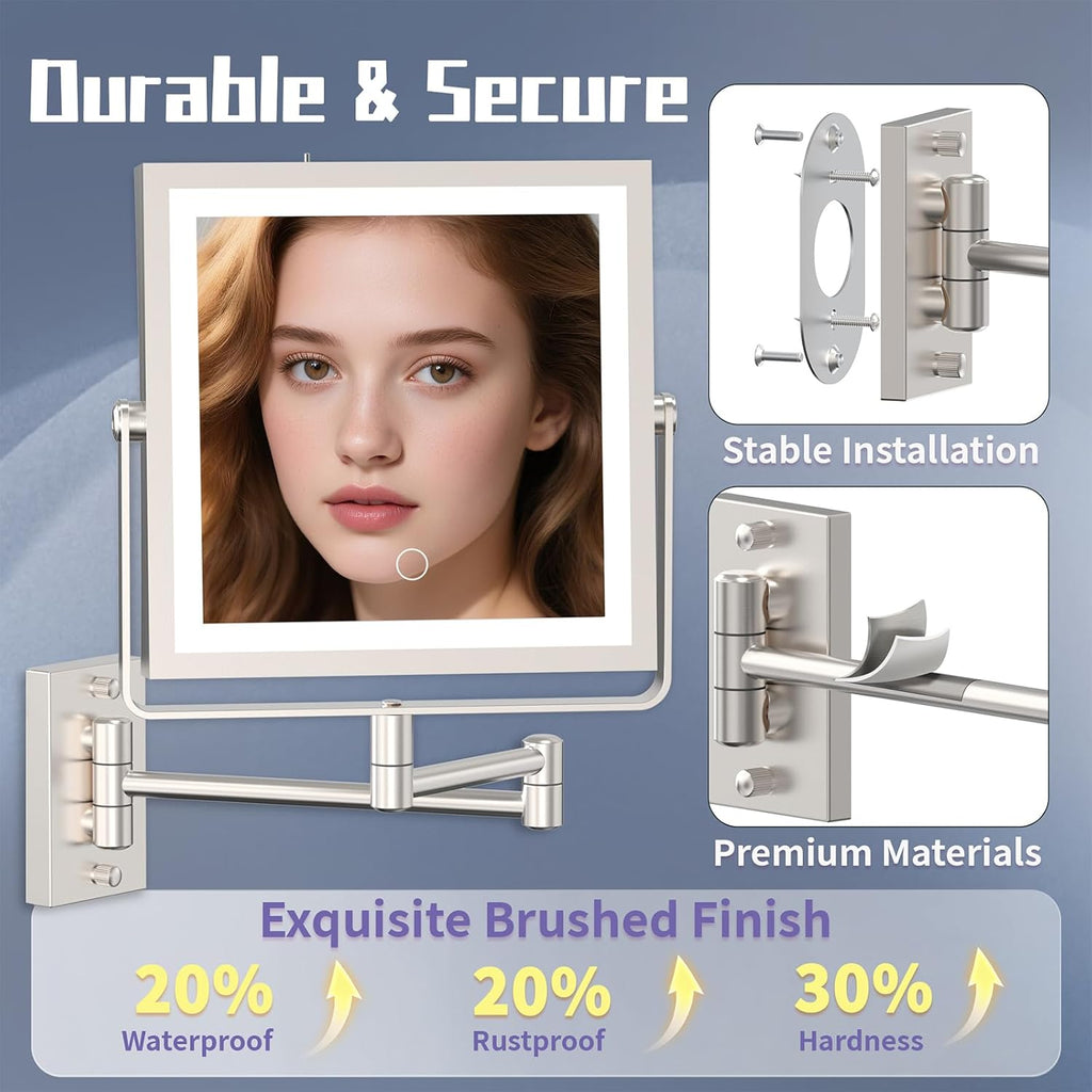 Wall Mounted Makeup Mirror with Lights 4000mAh Rechargeable Double Sided 1X/10X Magnifying Lighted Vanity Mirror with 3 Color Lights & Touch Dimmable 360° Rotation Extension Swing Arm for Bathroom