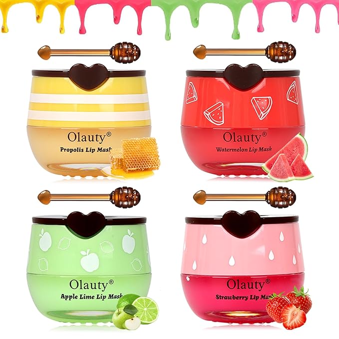 4 PCS Bee Lip Balm Honey Pot-Strawberry, Watermelon, Apple Lime, Honey Lip Mask Overnight Propolis Moisturizing,Vitamin E Prevention Cracked &Chapped Lips,Christmas Gifts Lip Balm