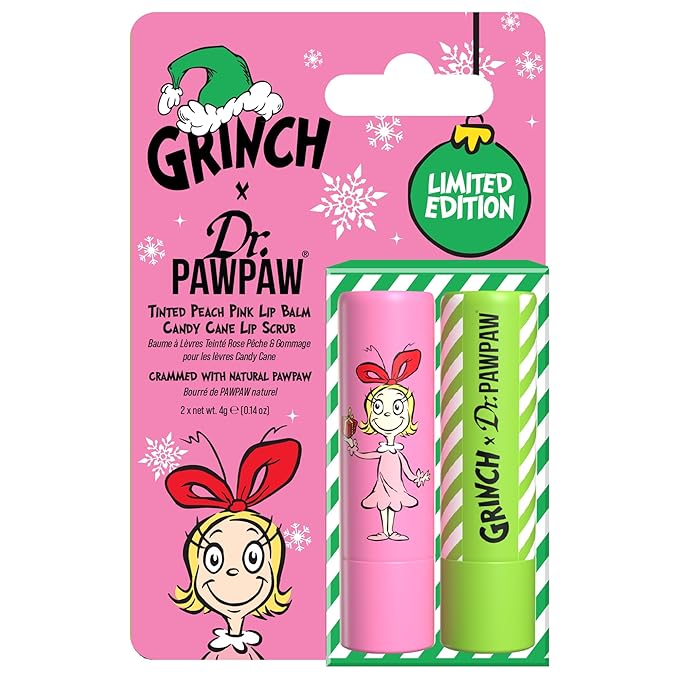 Dr. PawPaw The Grinch Set - Candy Cane and Peach Pink - Lip Scrub and Natural Lip Balm - Gluten Free Care to Exfoliate, Moisturize, Nourish - 2 pc