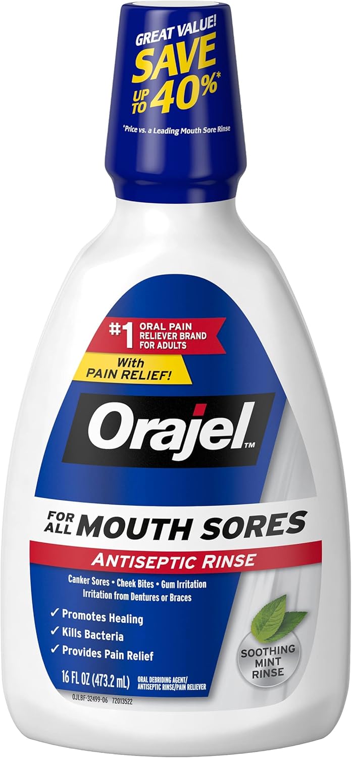 Orajel Nonseptic Mouth Sore Rinse 16oz, Soothing Mint Flavor, Provides Pain Relief, Promotes Healing, 3-Pack