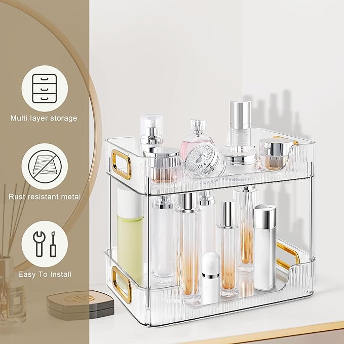 2-Tier Bathroom Counter Organizer Countertop Storage, Dresser Organizer Vanity Tray for Makeup, Perfume Organizer Cosmetics Skincare Shelf - Clear