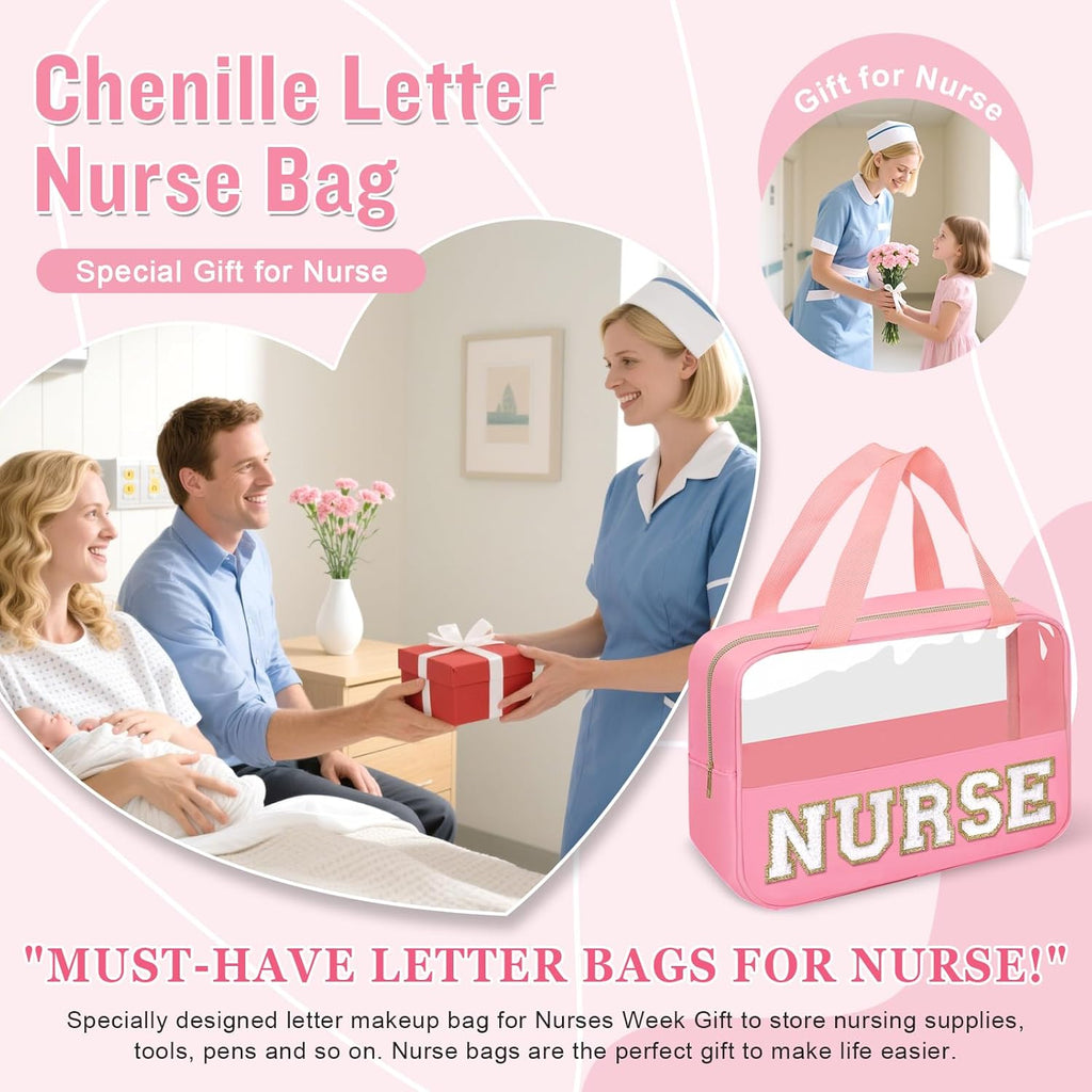 Nurses Week Gifts Chenille Letter Clear NURSE Makeup Bag for Women,Preppy Nurse Cosmetic Pouch Zipper with Handle Nurse Essentials Bag for Work Supplies,Travel Waterproof Toiletry Storage(NURSE-Pink)