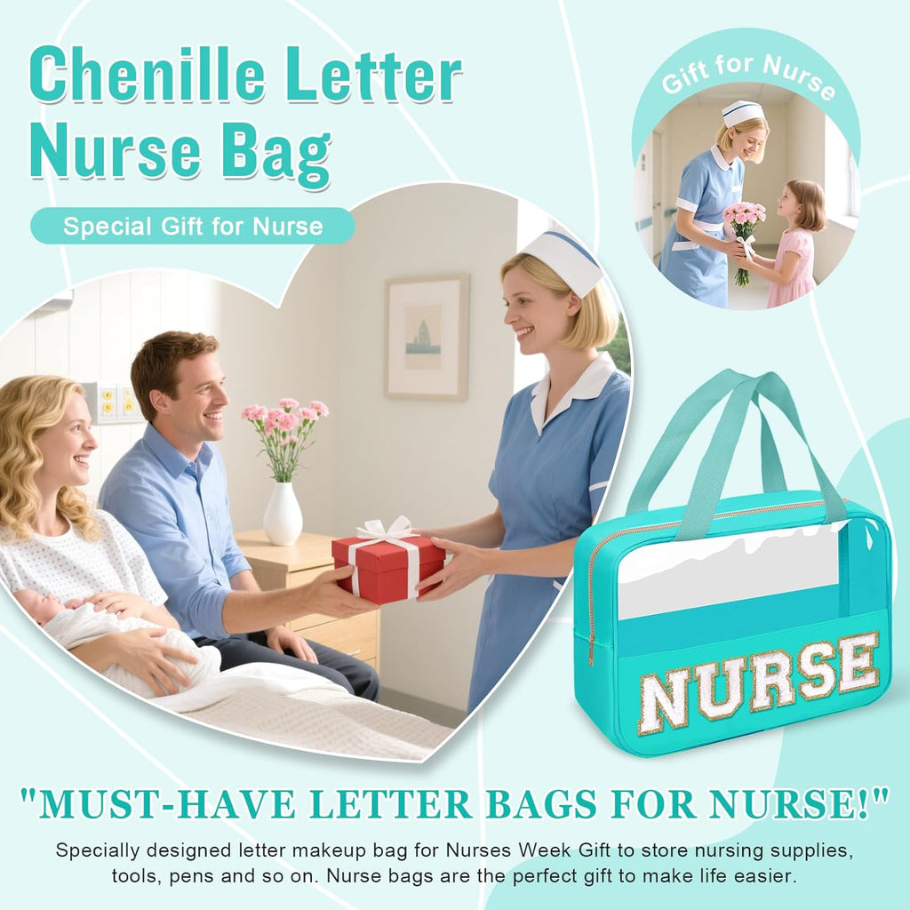 Nurses Week Gifts Chenille Letter NURSE Makeup Bag for Women,Preppy Nurse Cosmetic Pouch Zipper with Handle Nurse Essentials Bag for Work Supplies,Medical Assistant Bag Nursing Students(NURSE-Green)
