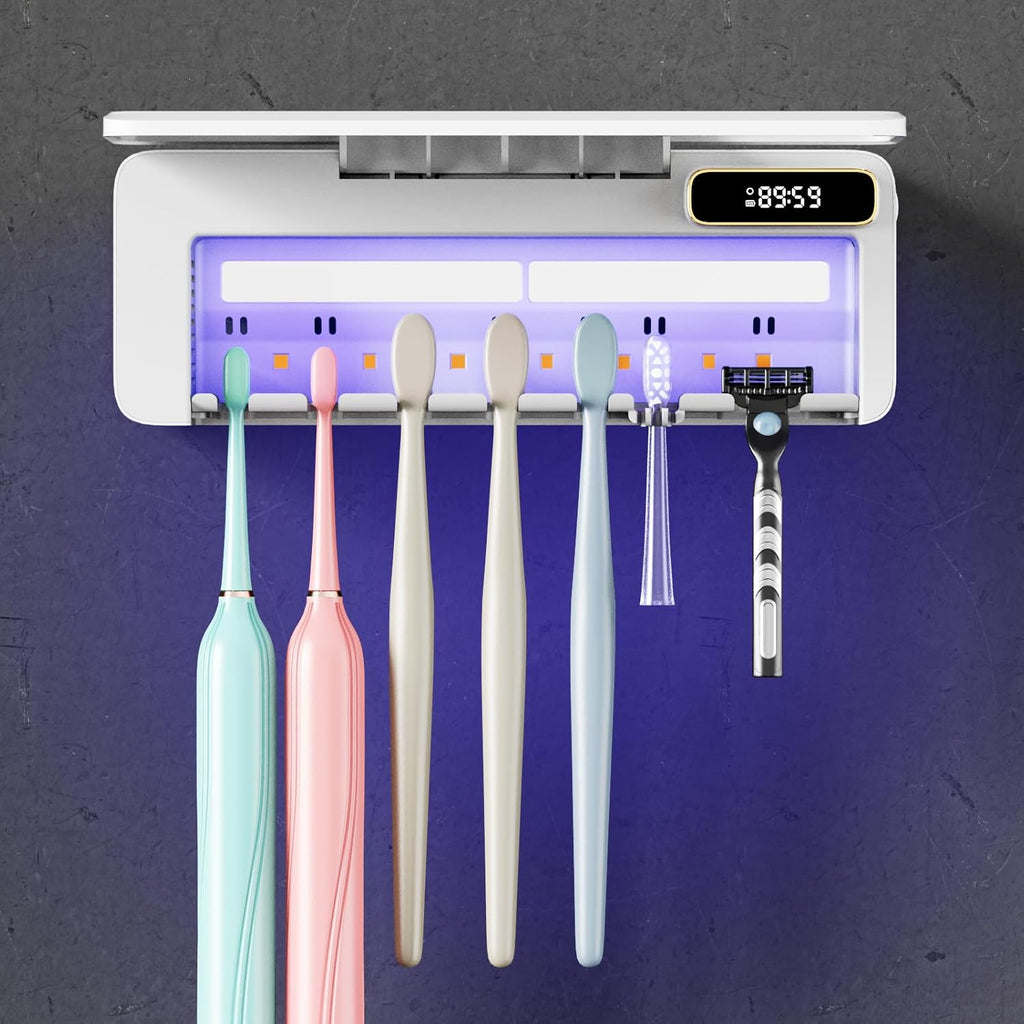 Toothbrush Holders Wall Mounted 7 Slots Tooth Brush Holder for Bathroom Rechargeable Electric Toothbrush Holder Set Storager with Fan Drying Heating (White1)