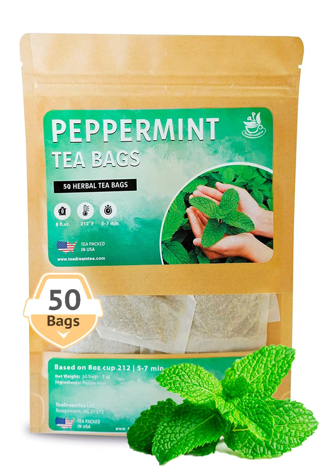 TeaDreamTea Peppermint Tea Bags - Alleviates Digestive Discomfort | Herbal Tea - Healthy Tea | Aromatic & Caffeine Free Tea - Bulk Tea Bags (50 Teabags)