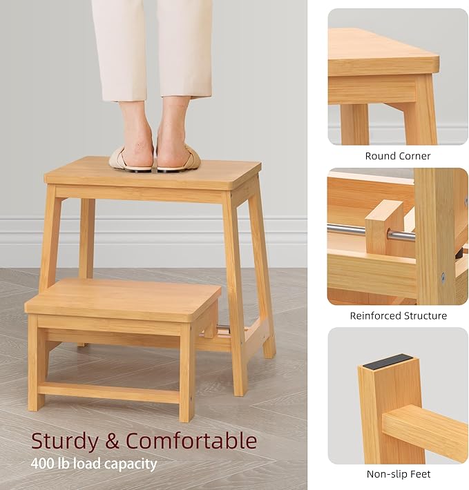 Bamboo Folding Step Stool with Sturdy Structure and Wide Stepping Surface for Safety, Multi-Purpose Foldable Step Ladder for Bathroom,Bedroom,Kitchen Step Stools for Kids & Adults, 400 lbs