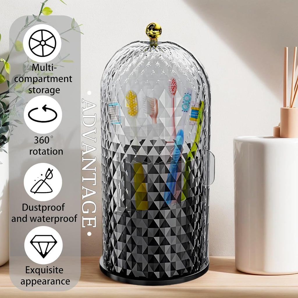 Multifunctional Rotating Toothbrush Holders with Sliding Lid, The 3-Slot Bathroom Countertop Vanity Organizer Perfect for Tooth Brush, Toothpaste, and Makeup Brushes Holder Storage (Black)