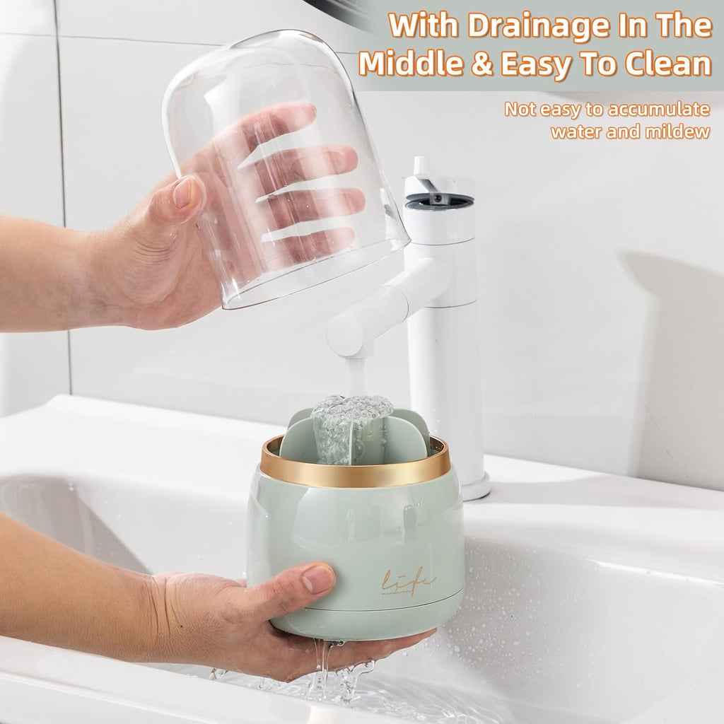 Toothbrush Holders for Bathrooms, Rotating 7 Slots Electric Toothbrush Holders with Cover, Countertop Toothpaste Organizers (Light Green)