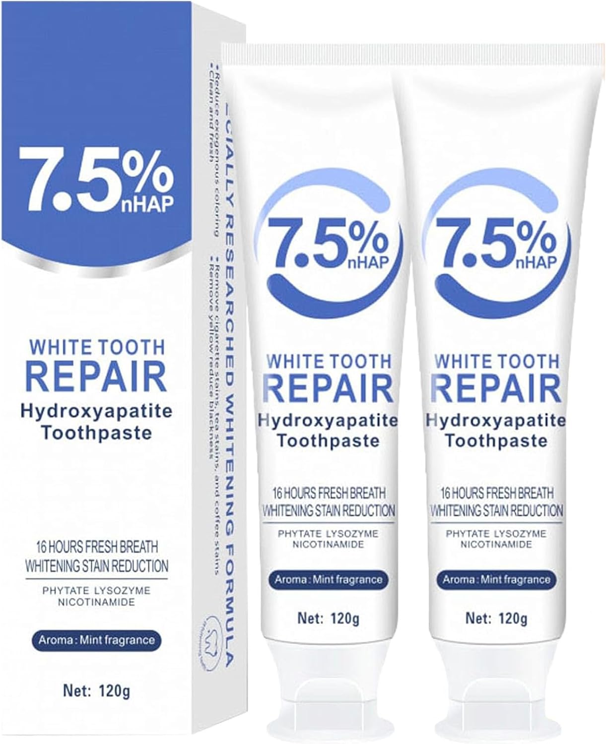 2pcs 7.5% Hydroxyapatite Toothpastes for Enamel Protection and Tooth Strengthening, 7.5% Nano Hydroxyapatite Toothpaste White Tooth Repair, Fluoride-Free, Gentle Mint, Fresh Breath