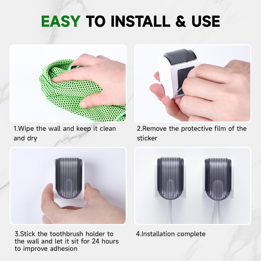 2 Pcs Toothbrush Holders Wall Mounted, Single Slot Design, Shower Self Adhesive Wall Mounted Toothbrush Holder with Cover, Waterproof and Dustproof, Suitable for Bathroom, Family, Travel (Grey)