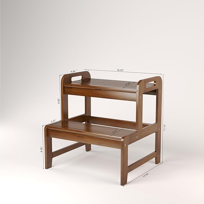 Step Stool for Kids Bamboo Toddler Two Steps Stool with Anti-Slip and Handles Stairs 300 lbs Capacity for Bathroom Kitchen Bedroom(Brown)