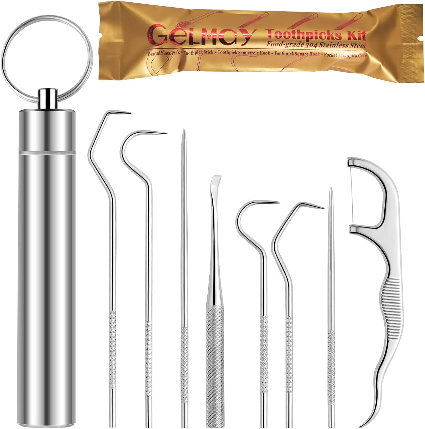 Toothpicks Pocket Set, Dental Floss Picks Kit Reusable, Stainless Steel Teeth Cleaning Tools, Tooth Picker Oral Hygiene Travel (1 Set)