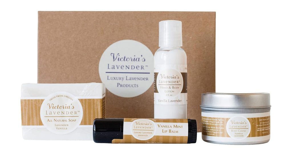 Victoria's Lavender Natural Body Products Gift Set - Handmade Soap, Lotion, Lip Balm, Body Candle Skin Care Sets & Kits, Made in the USA Lavender Bath Products for Women, Vanilla Lavender