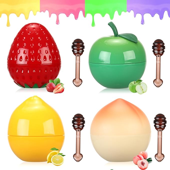 4 PCS Bee Lip Balm Lip Mask Fruit Pot, Strawberry & Apple & Lemon & Peach Moisturizing Lip Mask with Stick, Honey Lip Balm for Prevention Dry and Crack Lip,Reduce Fine Lines,Bulk Gifts, Skincare