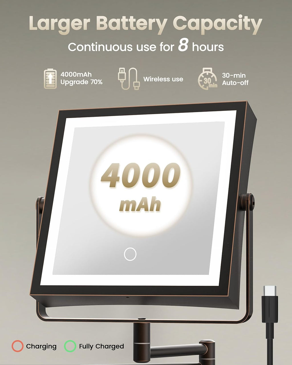 Rechargeable Wall Mounted Makeup Mirror with Lights, 4000mAh Double Sided 1X/10X Magnifying Vanity Mirror with 3 Color Lights, Touch Dimmable, 360° Extension Foldable Arm(Oil Rubbed Bronze