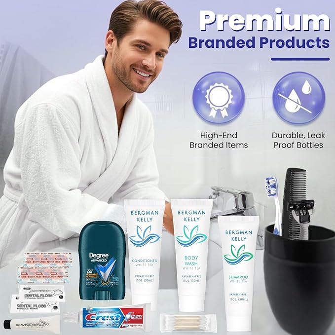 Trektote Bulk Hygiene Kit For Men – (25 Pack) 12 Piece Set Of Travel Size Toiletries, TSA Compliant, Bulk Travel Essentials, Includes Shampoo And Conditioner, Body Wash, Toiletry Bag & More