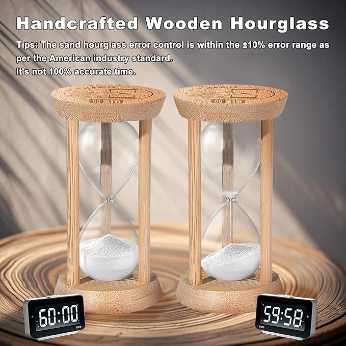 Wooden Sand Timers,15 Minute Stunning Glass Bamboo White Sand Hourglass for Productivity, Meditation & Decor, 15 Min Reloj De Arena for Kitchen, Office, Game, Classroom